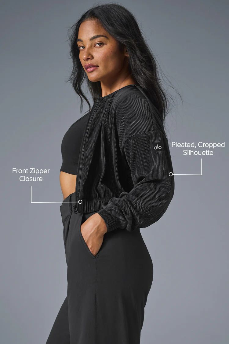 Cropped Micro Plisse Jacket - Black | Alo Yoga