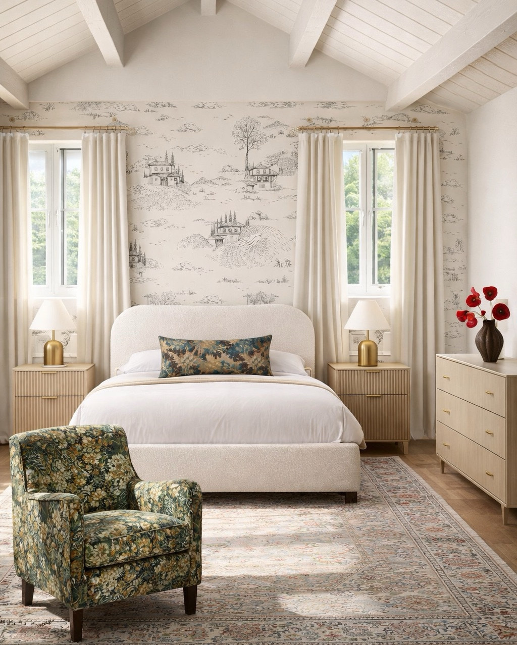 Italian-inspired bedroom design, neutral bed, dresser and nightstands. Floral accent chair and pillow, beautiful wallpaper from Etsy. #bedroom #homedecor

#LTKSeasonal #LTKHome