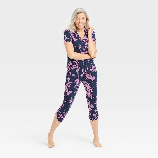 Women's Beautifully Soft Floral Print Notch Collar Cropped Pajama Set - Stars Above™ Blue | Target