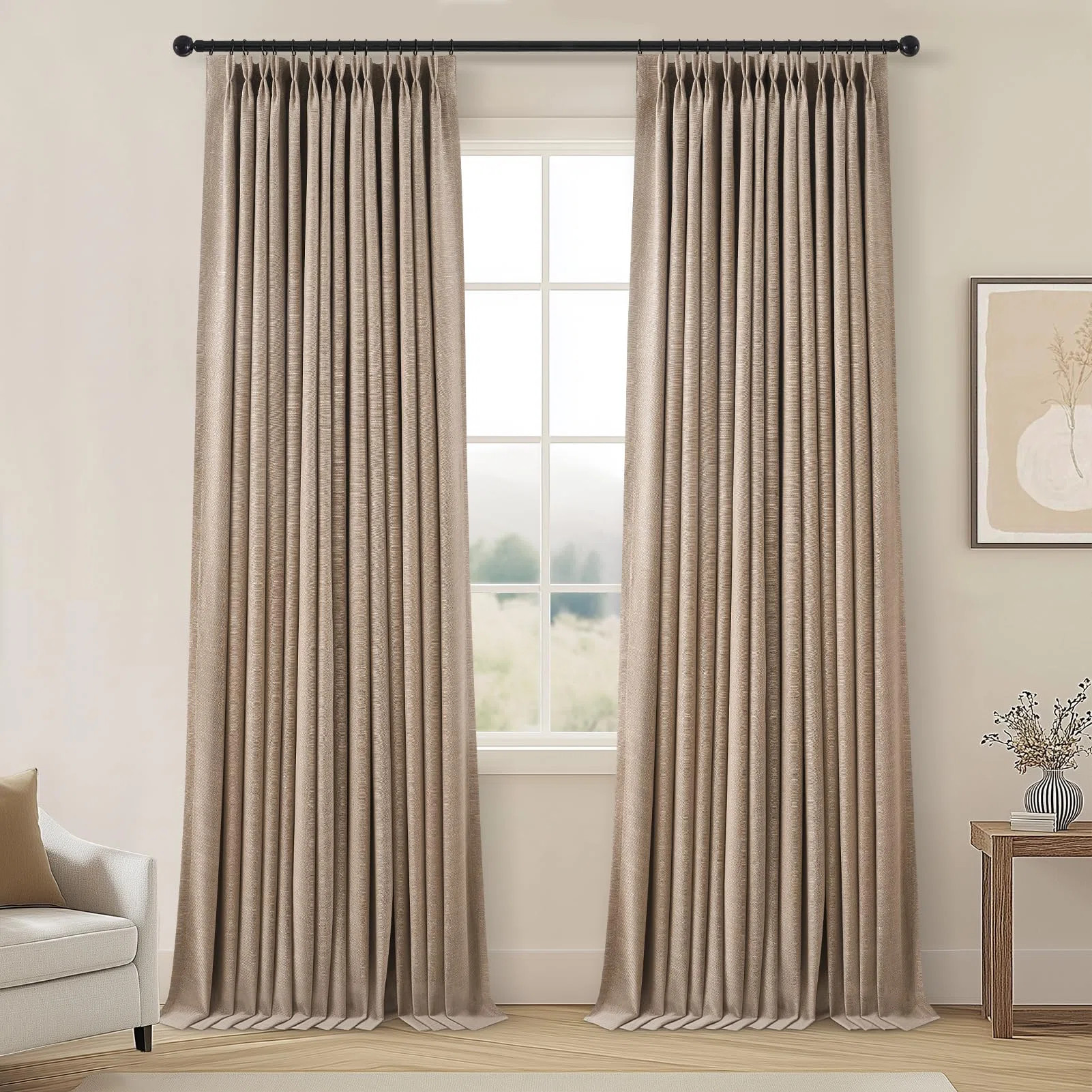 96 Inch Long Pinch Pleated Dark Linen Color Curtains,100% Blackout Thermal Insulated Natural Pinc... | Wayfair North America