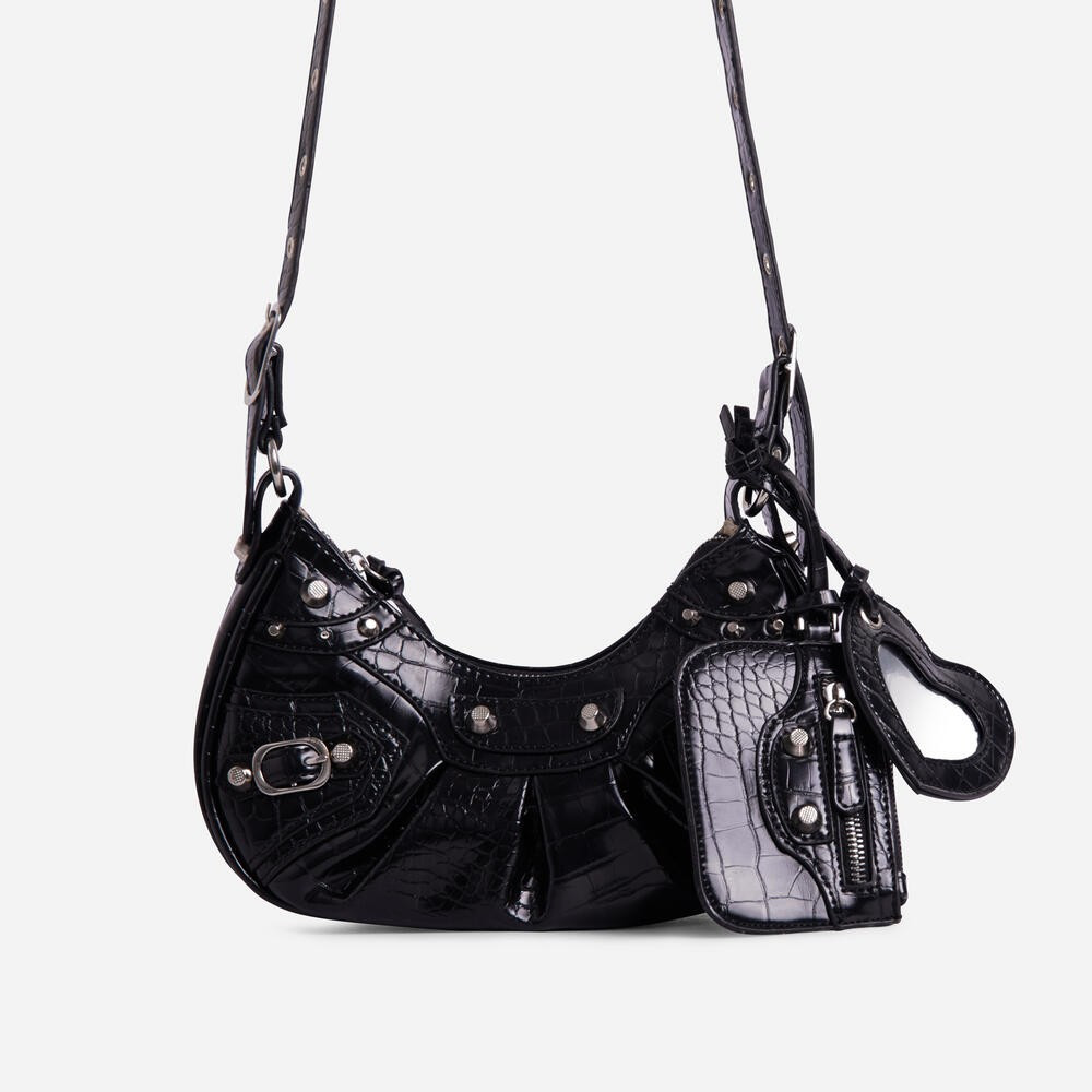 Harlin Studded Purse Detail Shoulder Bag In Black Faux Leather | EGO Shoes (US & Canada)