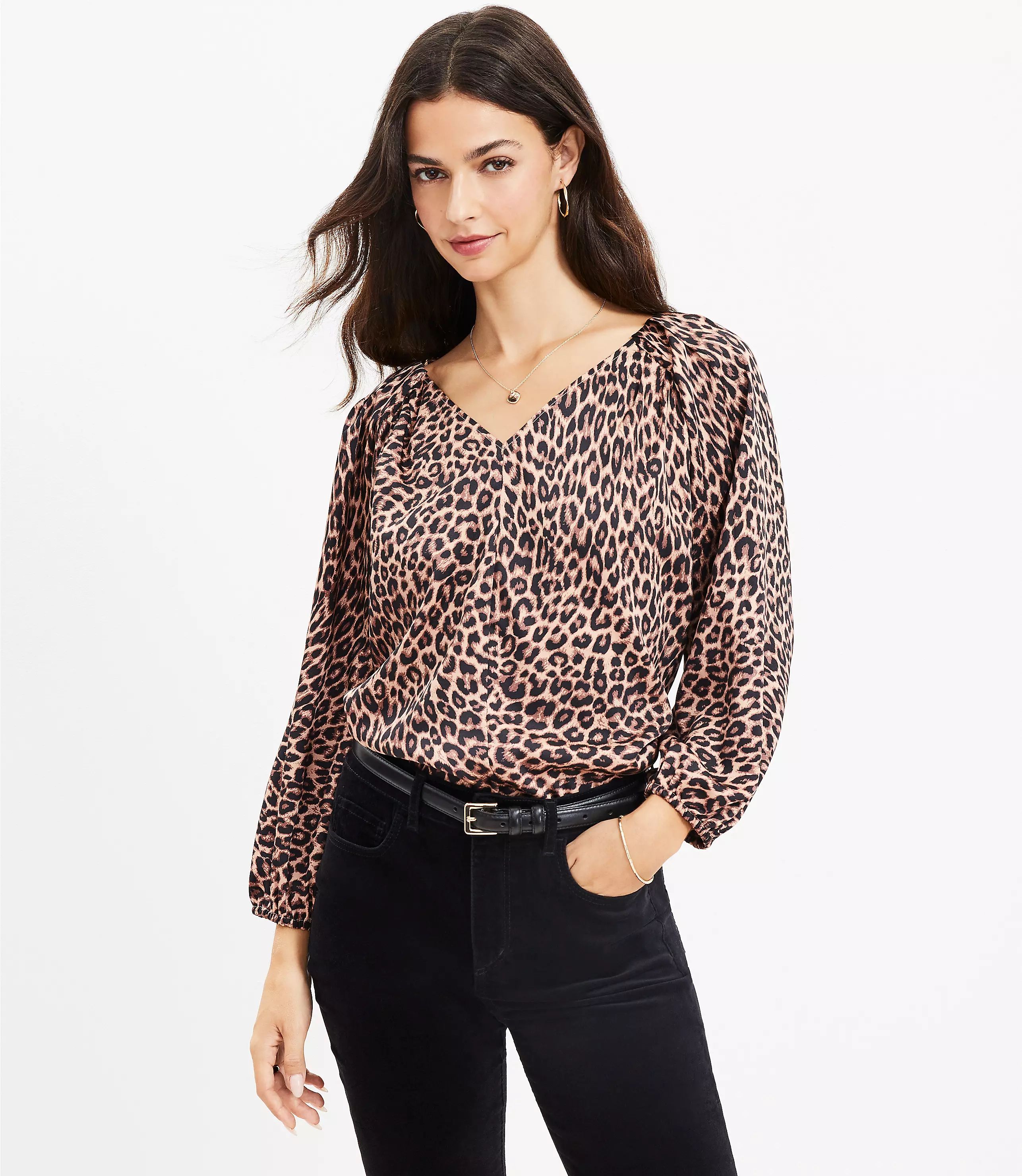 Leopard Print Pleated Sleeve V-Neck Top | LOFT
