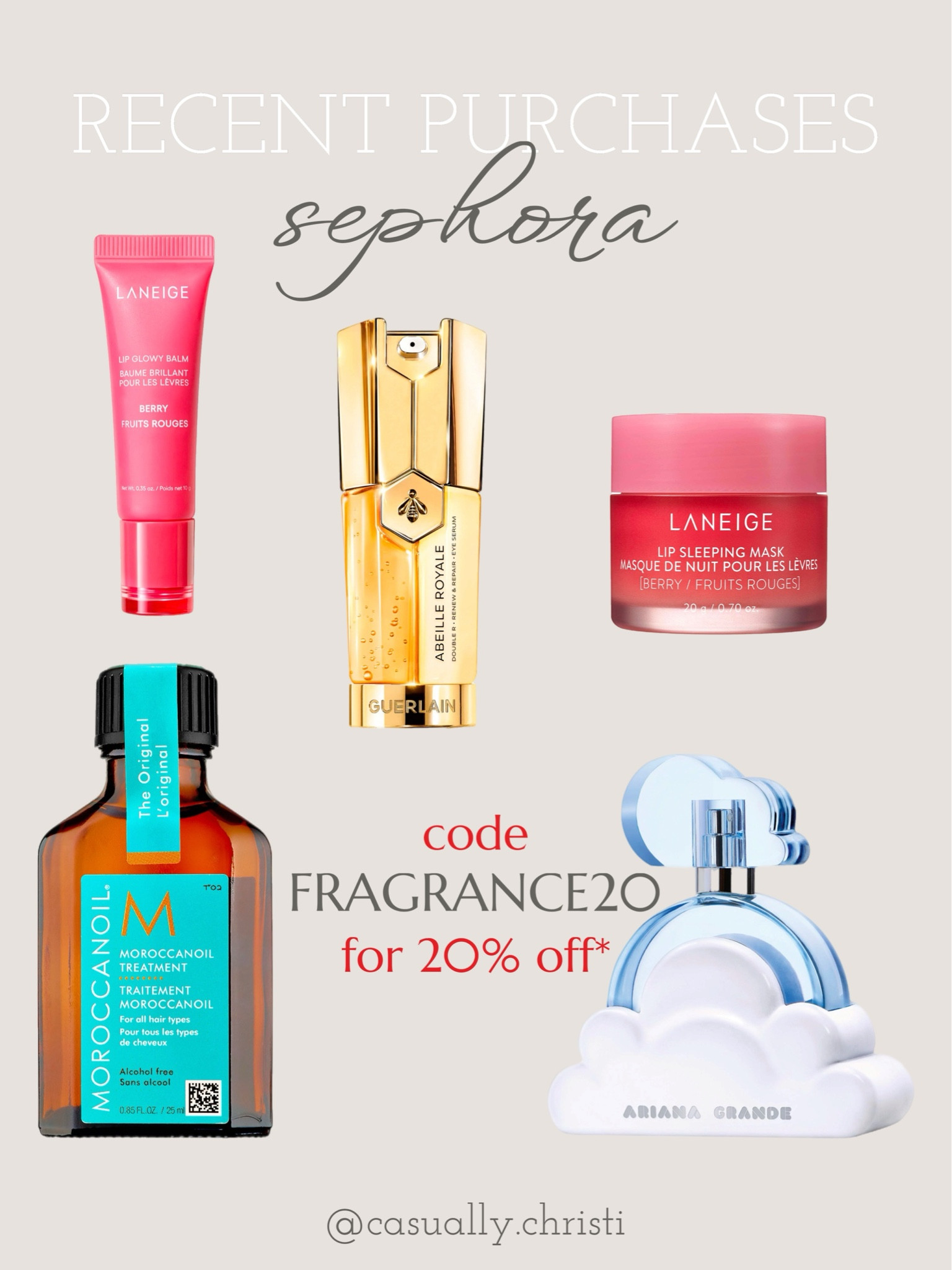 Use code FRAGRANCE20 for 20% off full-size fragrances!! 

Purchases:
•Ariana Grande Perfume 
•MOROCCANOIL
•LANEIGE Lip Sleeping Mask - Berry
•LANEIGE Lip Balm - Berry
•GUERLAIN Abeille Royale Double R Renew & Repair Eye Serum

Gifts For Her
Holiday Outfit
Stocking Stuffer
Sephora