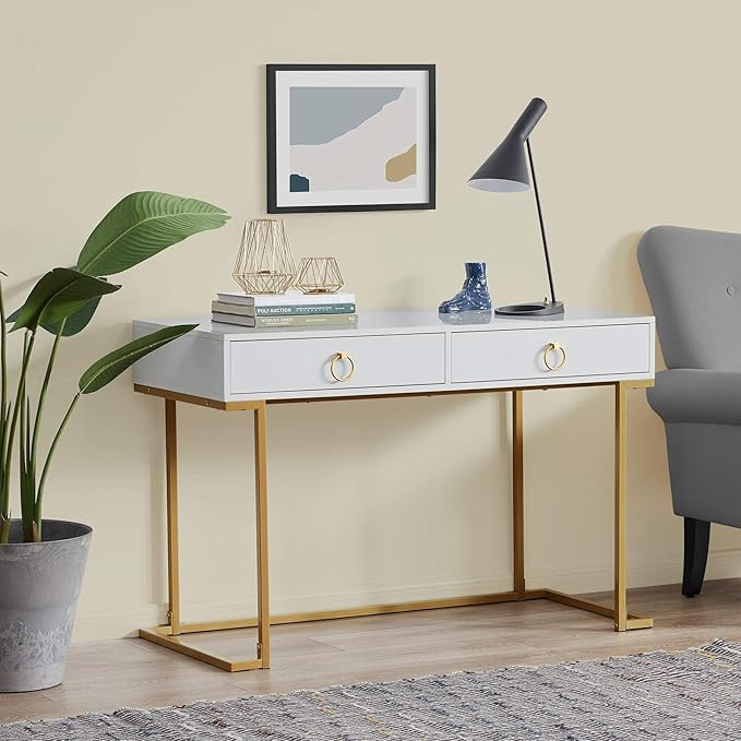 BELLEZE Two-Drawer Home Office Computer Desk Vanity Table, Wood and Metal, White & Gold | Amazon (US)