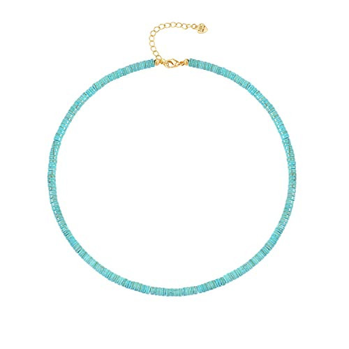 Turquoise Gemstone Beaded Chain Necklace Boho Vintage Handmade Blue Turquoise Choker Necklace for Women Adjustable 18K Gold Plated 15” | Amazon (US)