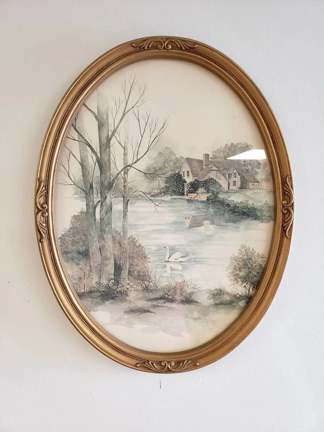 Homco Oval watercolor swan on a lake and a cottage English country scene 3280 | Etsy (US)