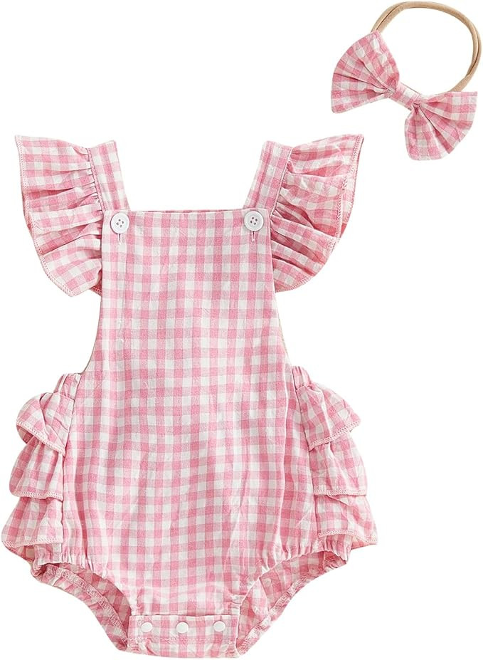 FOMOYUU Newborn Baby Girl Romper Summer Sleeveless Checkered Smocked Cotton Linen Clothes Outfit ... | Amazon (US)