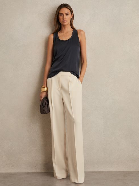 Elasticated-Waist Wide-Leg Twill Trousers in Cream | Reiss DE