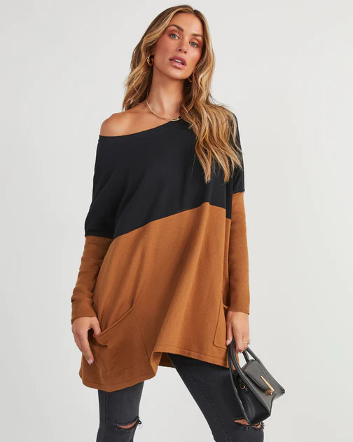 Very Special Pocketed Colorblock Knit Sweater - Black Brown | VICI