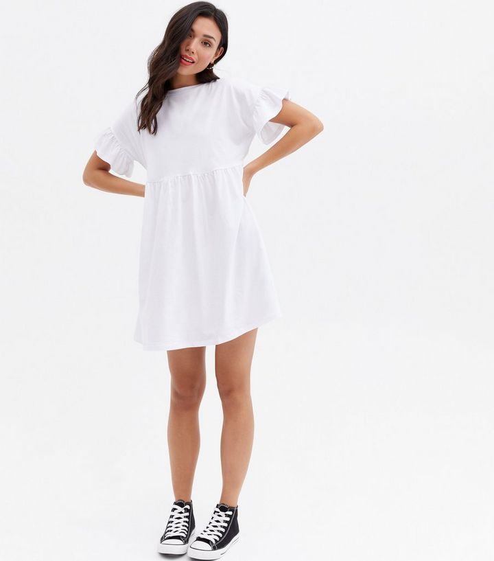 White Frill Crew Neck Mini Smock Dress
						
						Add to Saved Items
						Remove from Saved It... | New Look (UK)