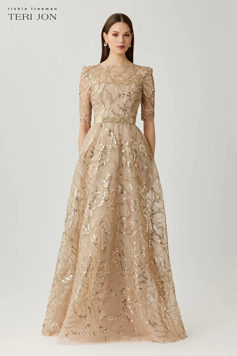 Sequin Embroidered Tulle 3/4 Sleeve Gown | TERI JON