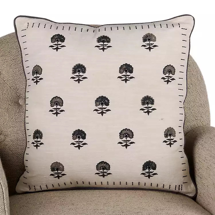 Gray Stitched Floral Pillow | Kirklands Home | Kirklands