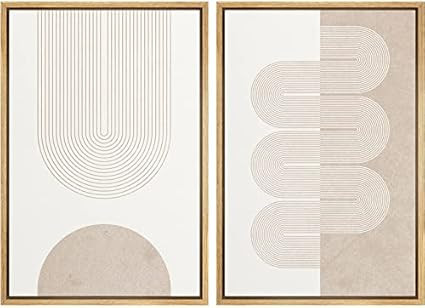MUDECOR Framed Canvas Print Wall Art Set Pastel Tan White Geometric Wave Ribbons Abstract Shapes ... | Amazon (US)