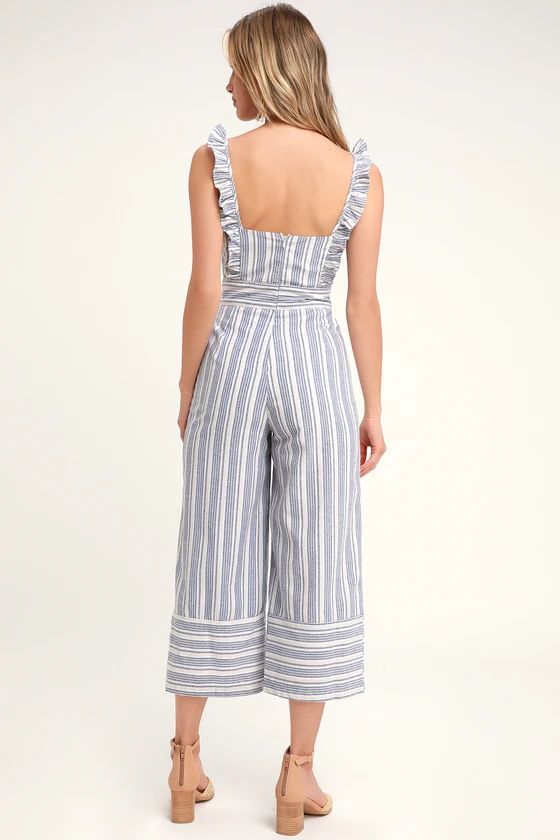Emilia Rae Blue Striped Ruffle Culotte Jumpsuit | Lulus (US)