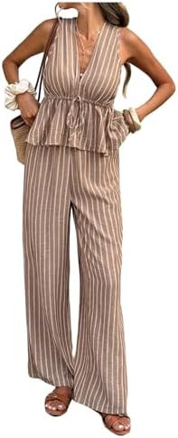 GORGLITTER Women's Striped Matching Outfits V Neck Babydoll Tank Tops and Wide Leg Pants Summer T... | Amazon (US)