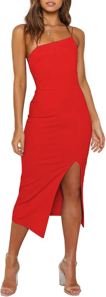 LYANER Women's Spaghetti Straps Split Hem Sleeveless Zipper Bodycon Midi Dress | Amazon (US)