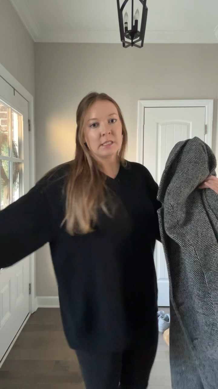 Black vneck sweater / tts wearing a medium 
Black leggings 
Oversized coat / sized down to an xs 
White sneakers 

#LTKootd #LTKActive #LTKFindsUnder100