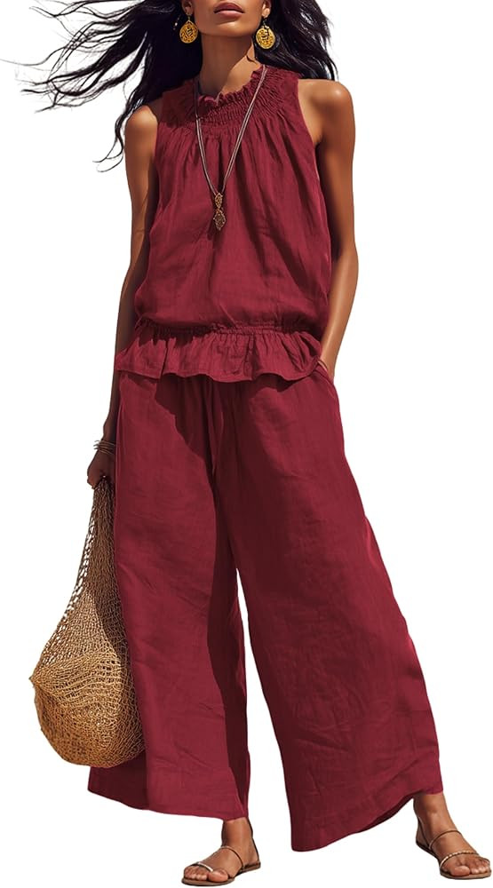 Tanming Women's Linen 2 Piece Outfits Sleeveless Ruffle Top Wide Leg Pants Summer Loungewear Beac... | Amazon (US)