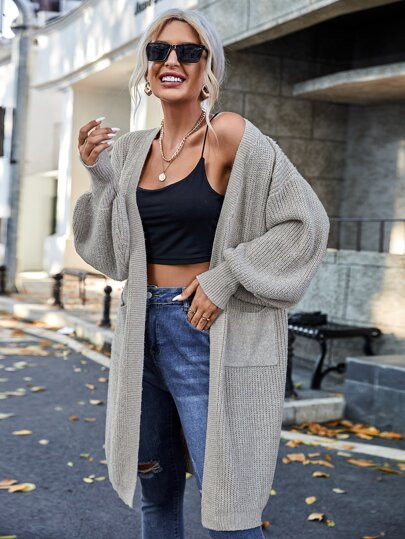Dual Pocket Lantern Sleeve Duster Cardigan | SHEIN
