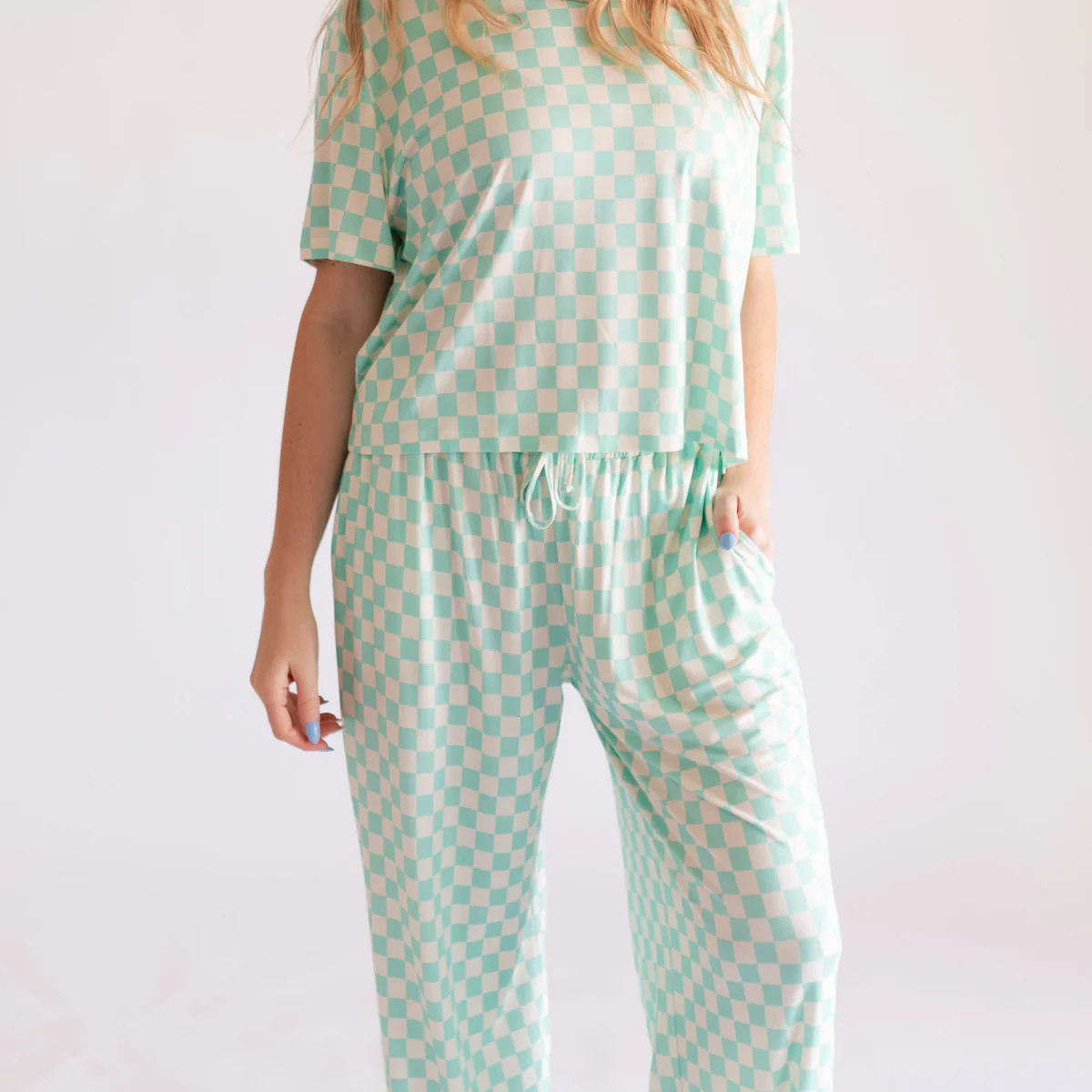 Women's T-Shirt and Pants Set in Teal Neon Checkered | Silks Design