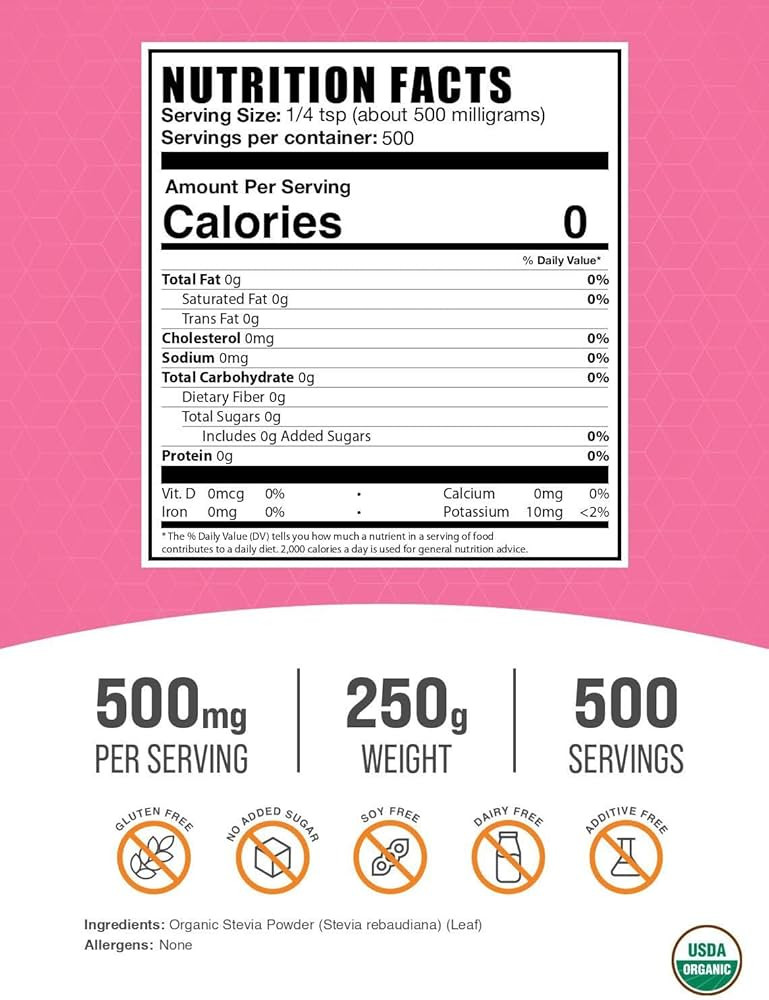 BulkSupplements.com Organic Stevia Powder - Pure Sweetener, Sourced from Stevia Leaves, Herbal Su... | Amazon (US)