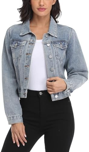 andy & natalie Women's Denim Jackets Cropped Long Sleeve Basic Button Down Crop Jean Shacket with... | Amazon (US)