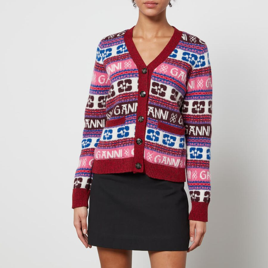 Ganni Logo-Intarsia Wool-Blend Cardigan | Coggles (Global)