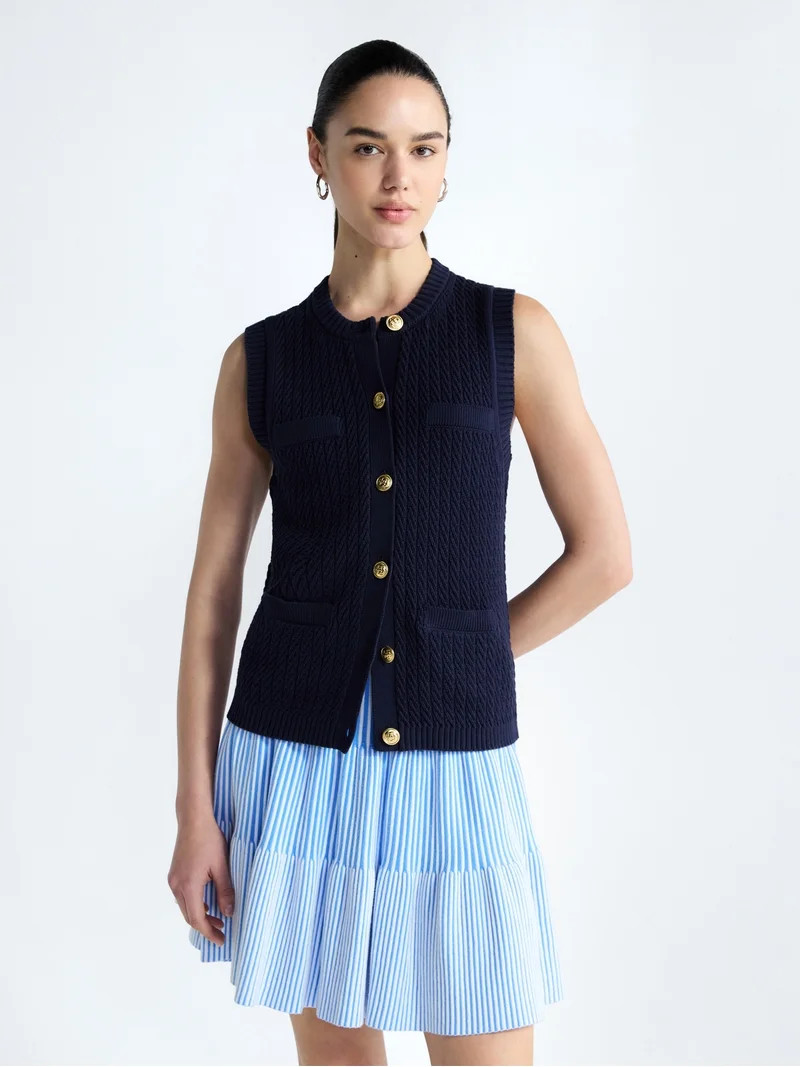 Free Assembly Women's and Women's Plus Button Front Cable Knit Sweater Vest, Lightweight, Sizes X... | Walmart (US)