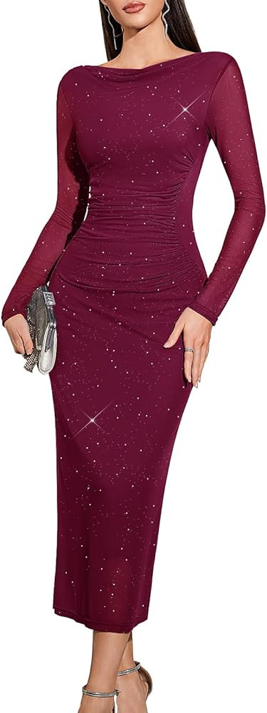 HomRain Women's Sequin Mesh Maxi Dress Long Sleeve Bodycon Dresses for Fall Party Holiday Club Ou... | Amazon (US)