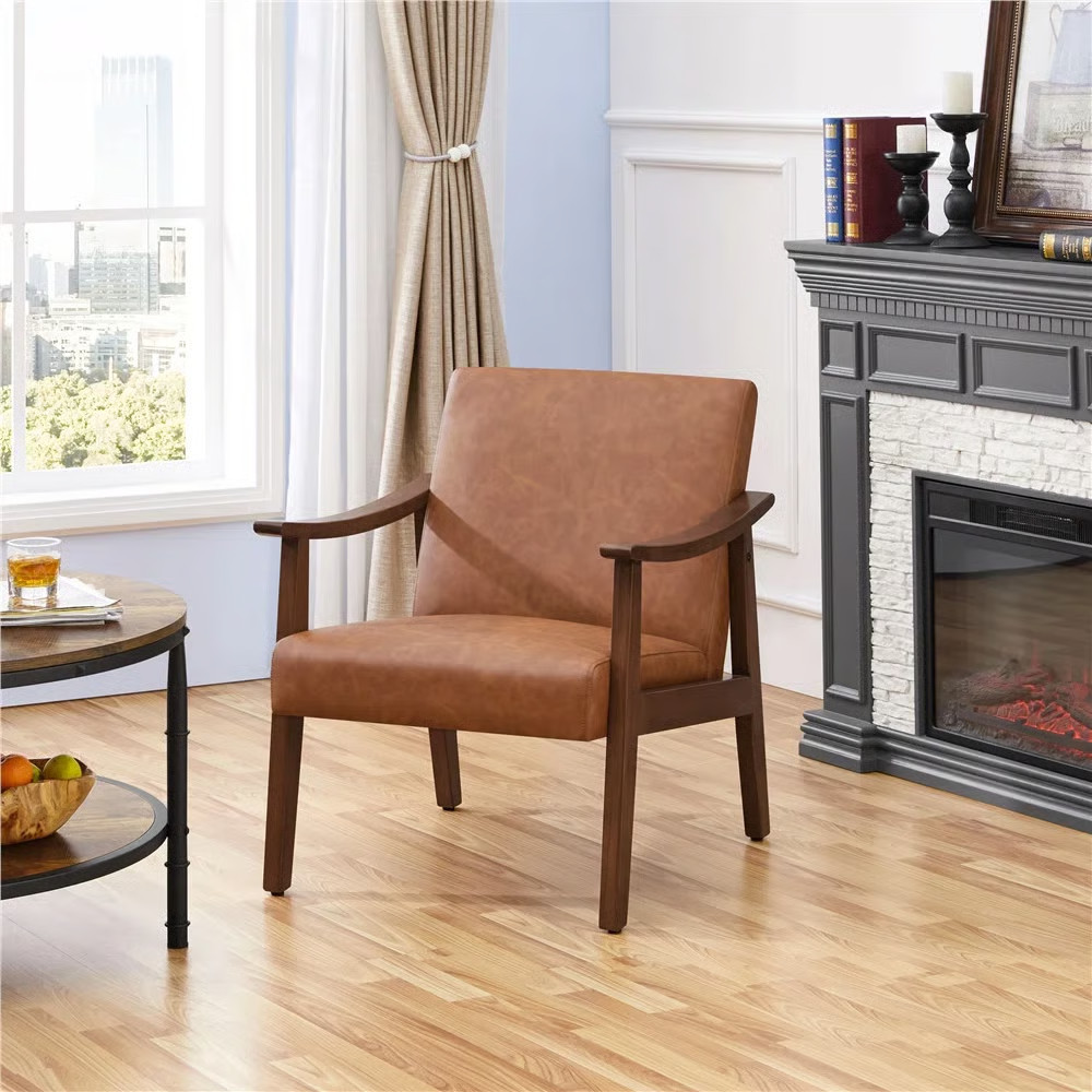 Asmat 24.5" W Mid-Century Modern Faux Leather Armchair with Solid Wood Legs | Wayfair North America