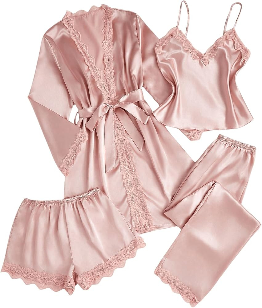 SweatyRocks Conjunto de pijama de seda para mujer, 4 piezas con bata de encaje, pantalones cortos... | Amazon (US)