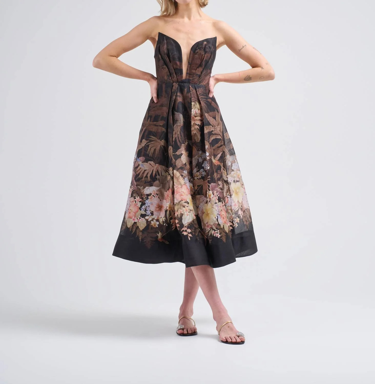 Illuminate Draped Midi Dress In Black Tropical | Shop Simon