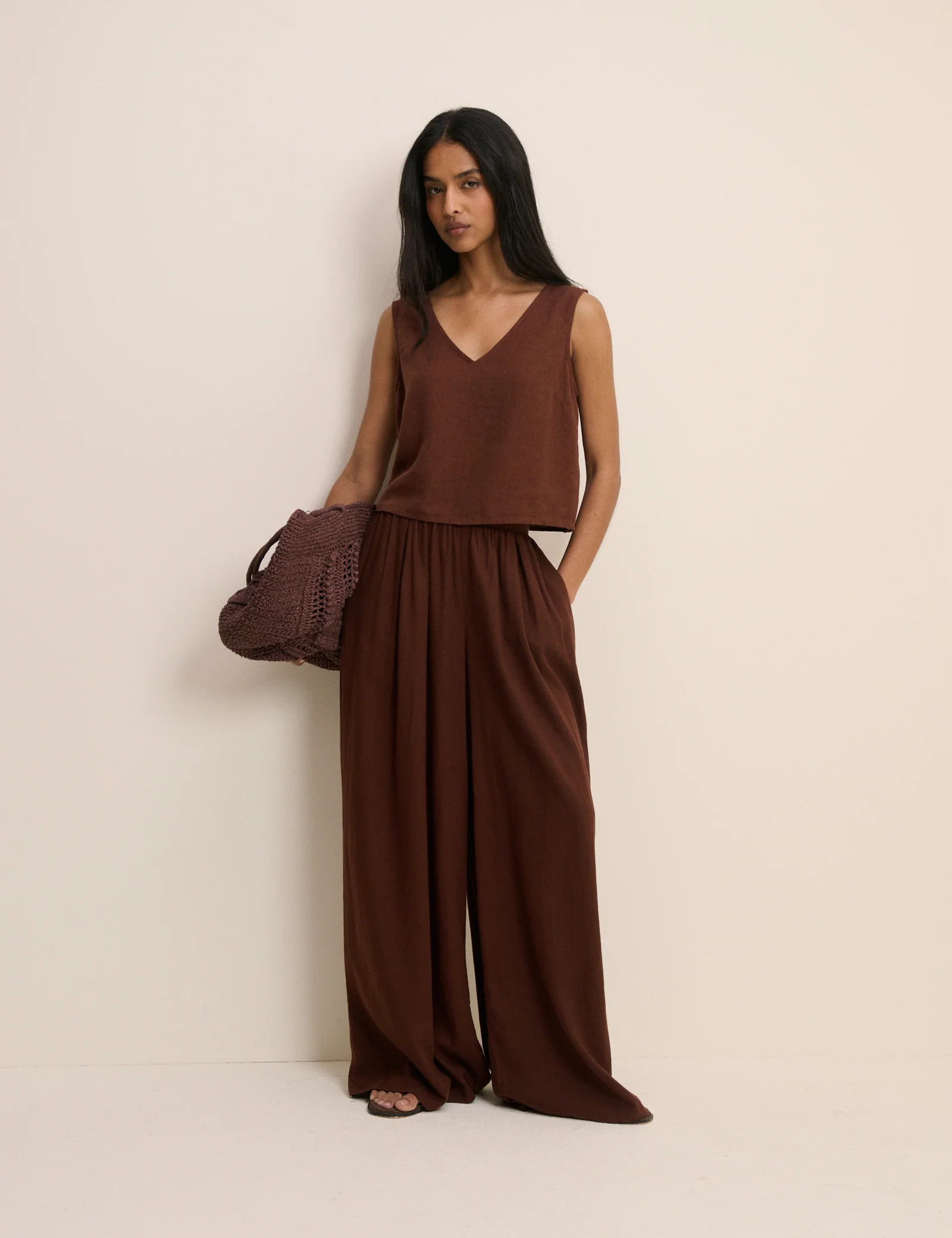 Brown Linen-Blend Wide Leg Jerrow Trousers | Nobody's Child