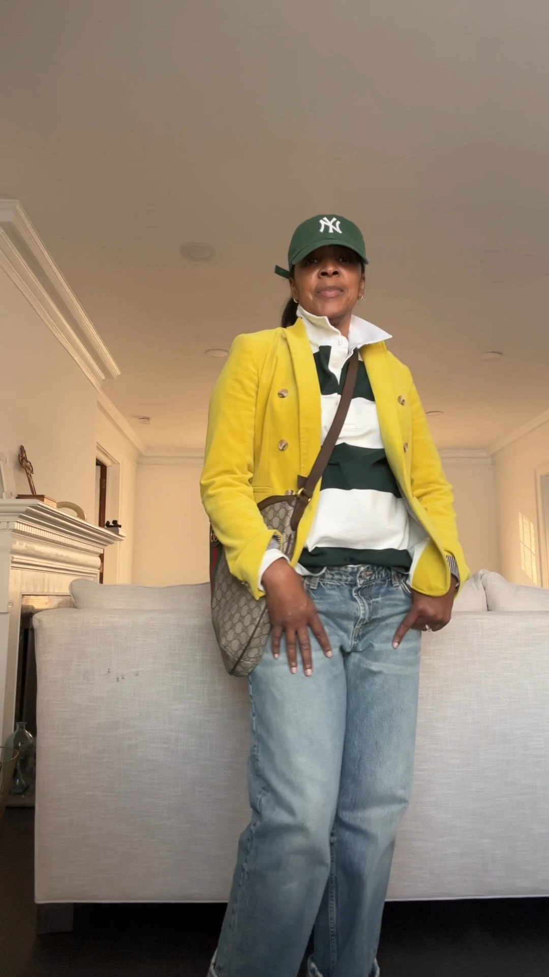 Spring outfit date night casual weekend outfit denim rugby blazer Uggs yankee hat gucci crossbody 

#LTKSpringSale #LTKootd #LTKgrwm #LTKOver40