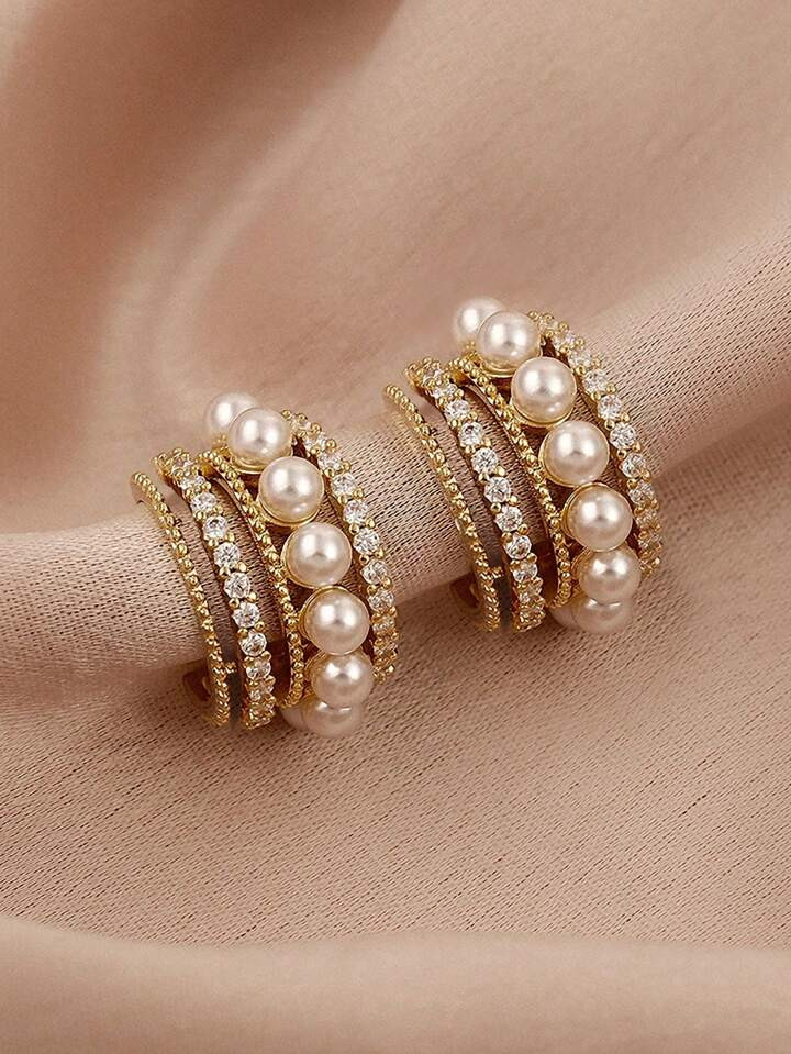 Rhinestone & Faux Pearl Decor Hoop Earrings | SHEIN USA | SHEIN