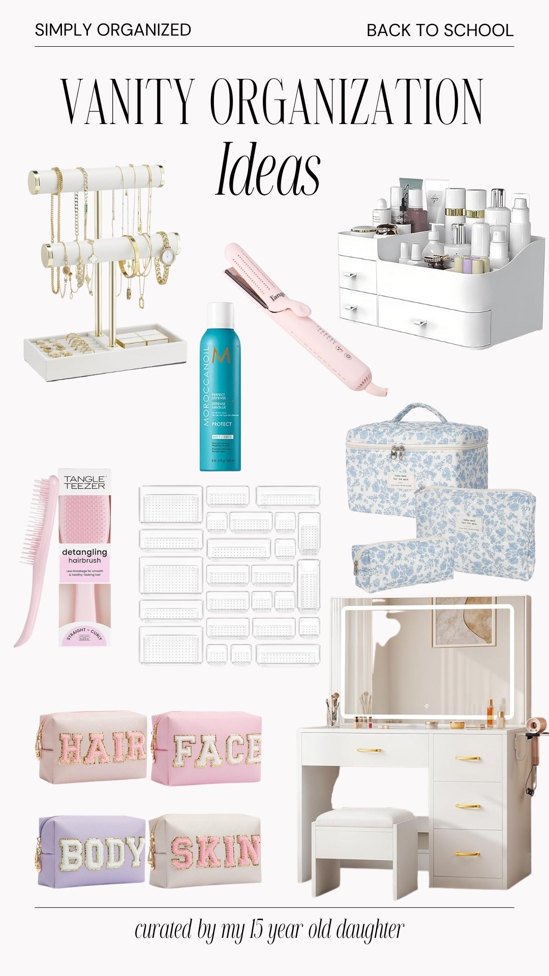 Vanity Organization ideas that my 15 year old daughter pulled together for us - yay! I love the vanity! Sooooo cute! And the holder on the side is great for hanging hair tools...

#LTKSeasonal #LTKHome