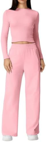QINSEN Womens 2 Piece Sets Long Sleeve Slim Fit Crop Tops Wide Leg Pants Matching Lounge Set | Amazon (US)