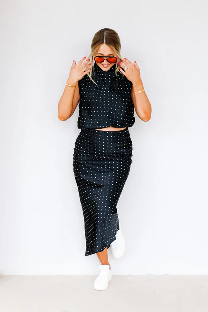 After Hours Black Polka Dot Midi Skirt | The Willow Tree