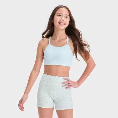 Girls' Seamless Sports Bra - All In Motion™ Light Blue M: Racerback, Pullover, Nylon-Spandex Blend, Machine Washable | Target