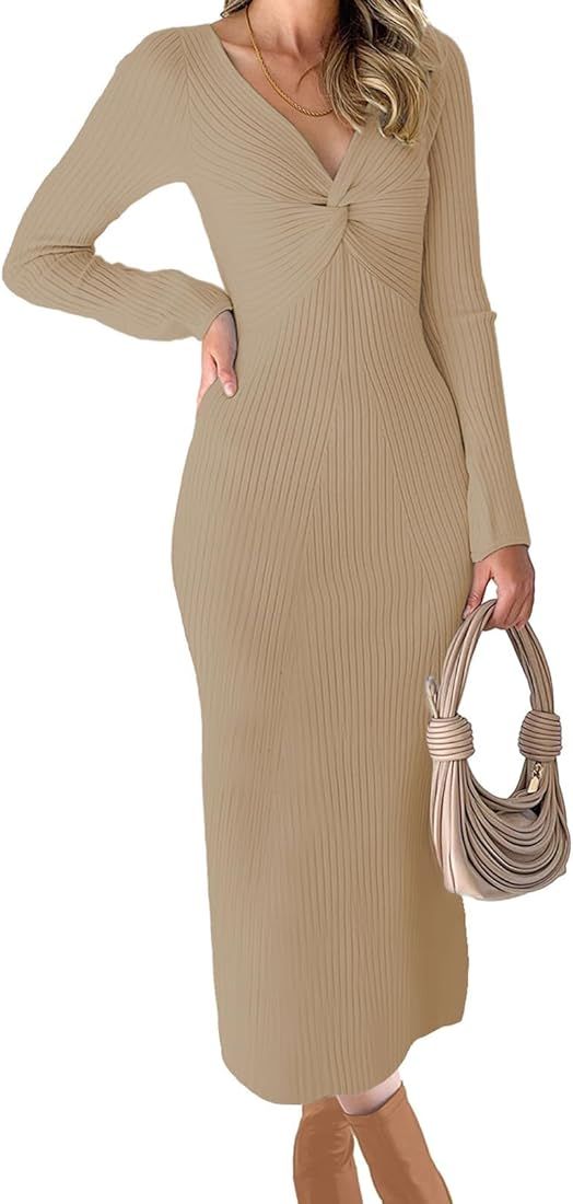 Womens Ribbed Knit Maxi Dresses Long Sleeve V Neck Casual Sweater Dress Bodycon Midi Dress | Amazon (US)