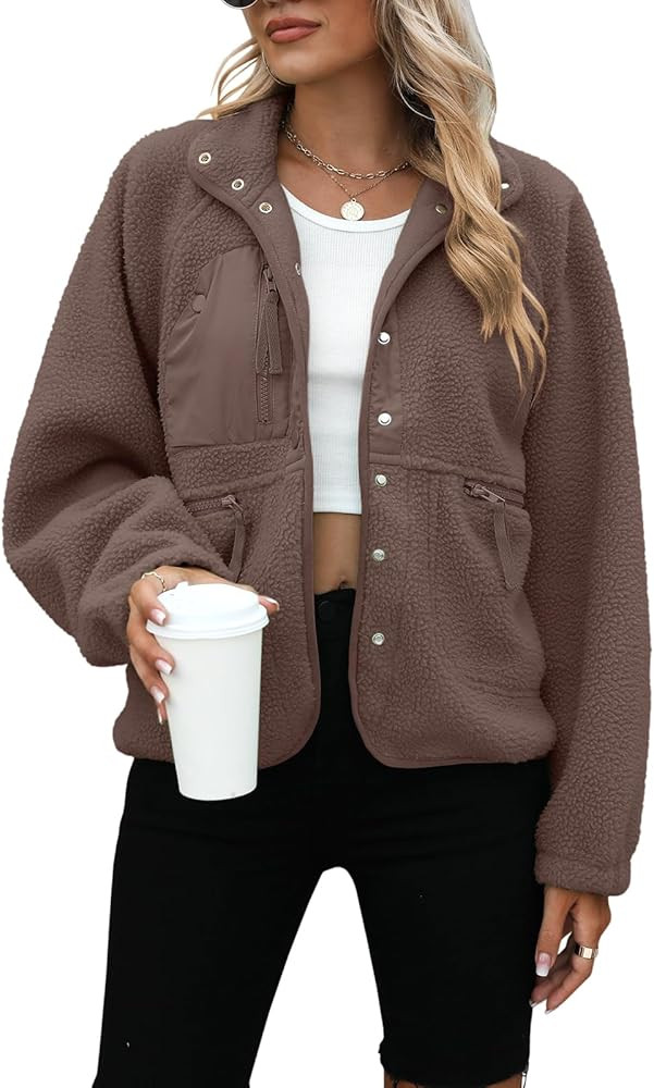 Yanekop Womens Fleece Jacket Fuzzy Long Sleeve Short Winter Coats Button Down Sherpa Jacket Outer... | Amazon (US)
