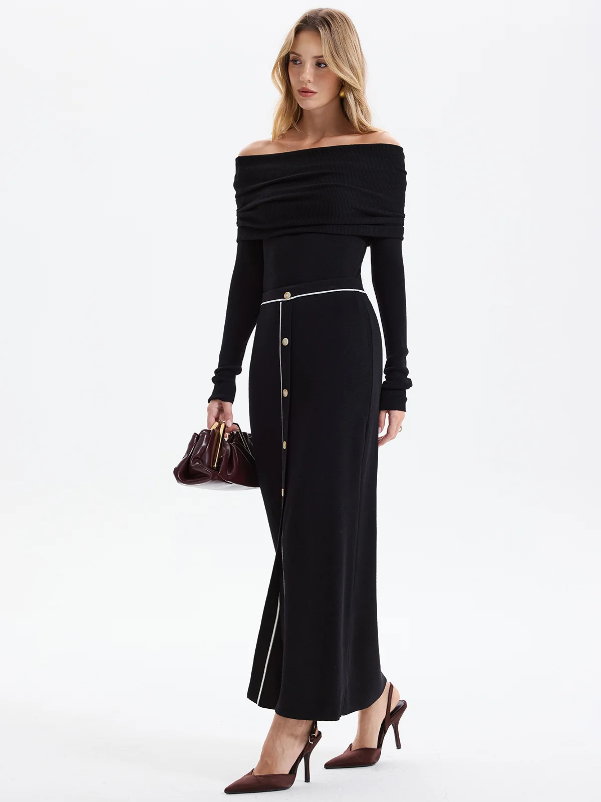 Contrast-Trim Button-Front Maxi Knit Skirt | Commense