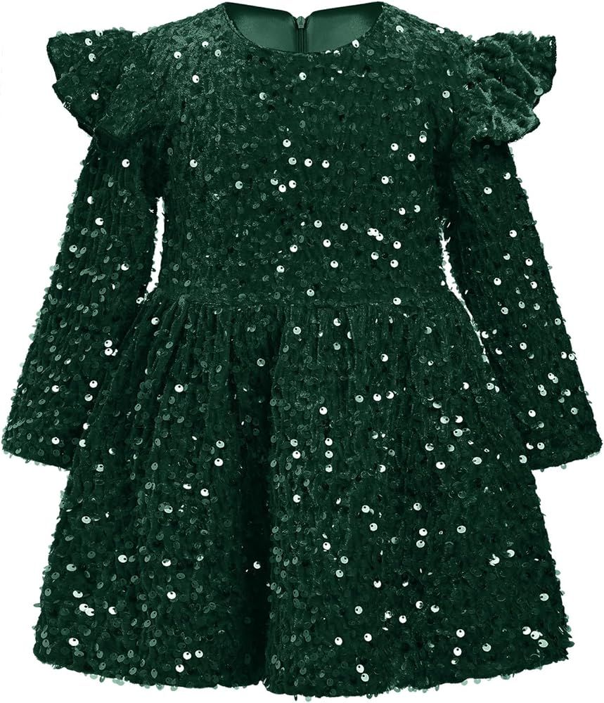 ODIZLI Kids Girls Fall Winter Long Sleeve Sequin Velvet Ruffle Tutu Dress Wedding Flower Girl Par... | Amazon (US)