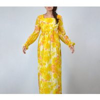 60S Yellow Floral Dress, M | Vintage Sheer Long Sleeve Sundress, Flower Print Maxi | Etsy (US)
