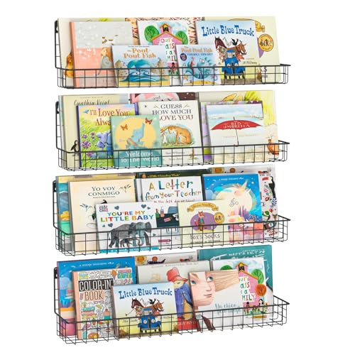24 Inch Wall Mounted Kids Bookshelf, Floating Metal Book Shelves for Kids Nursery Toddler Classroom, Hanging Book Shelf Organizer for Room Decor, Black, Set of 4 | Amazon (US)