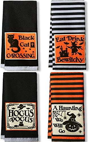 Tticai 4 Pieces Halloween Dish Towels Soft Stripe Kitchen Towels Eat Drink Bewitchy Witch Embelli... | Amazon (US)