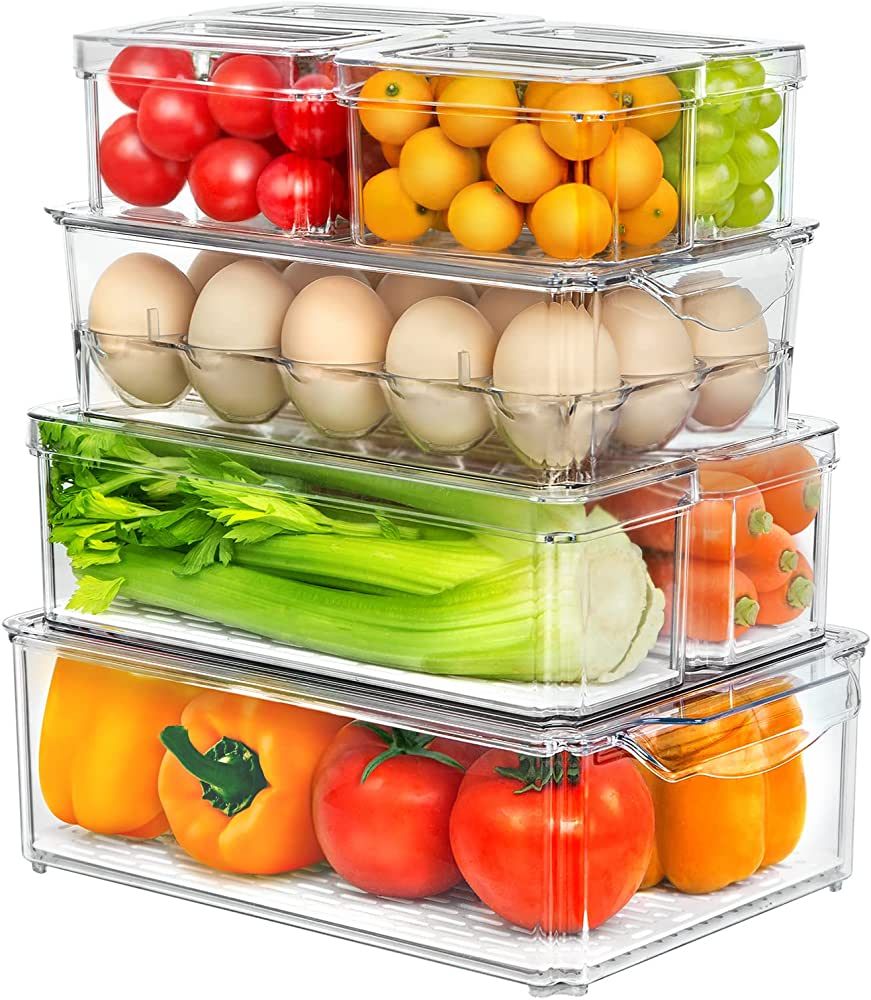 8 Pack Fridge Organizer with Egg Holder, Stackable Refrigerator Organizer Bins with Lids, Fruit S... | Amazon (US)