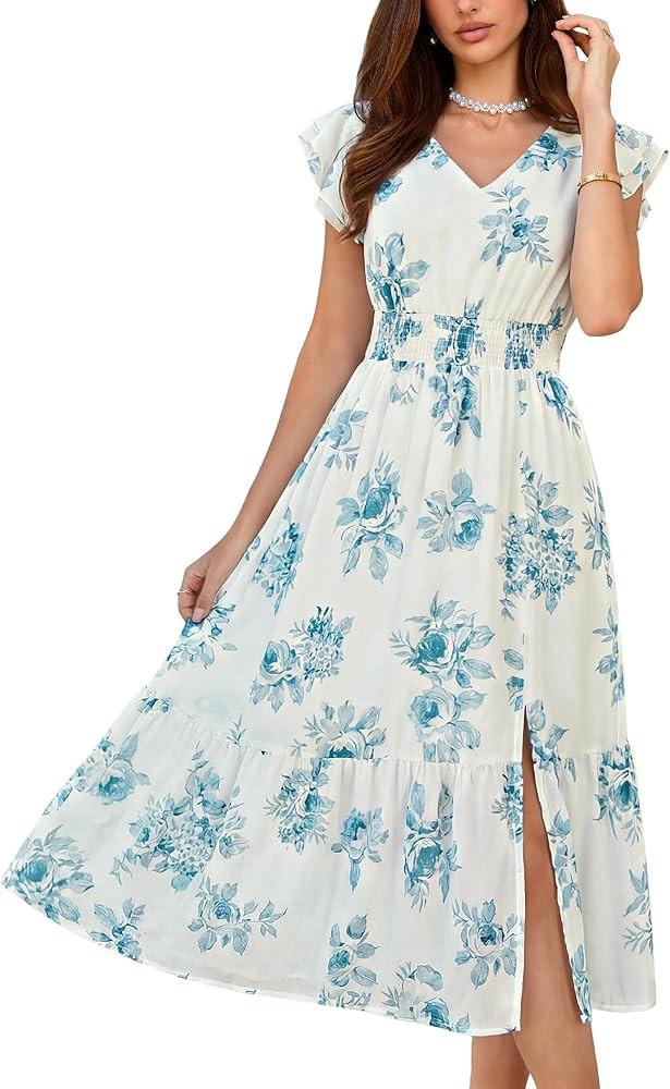 GRACE KARIN 2026 Womens Summer Dresses V Neck Ruffle Sleeve Floral Boho Beach Dress A-Line Swing ... | Amazon (US)