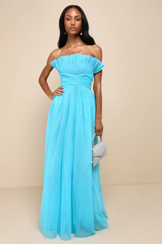 Undeniably Iconic Teal Blue Tulle Pleated Strapless Maxi Dress | Lulus