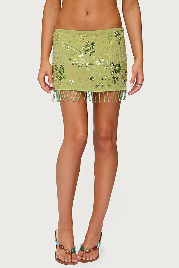 Edikted Sheer Sequin Bead Fringed Mini Skirt in Green, Women's at Urban Outfitters | Urban Outfitters (US and RoW)
